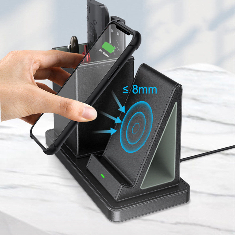Vertical Leather Wireless Charger 10W Mobile Phone Fast Charging Stand Office Desk Storage Box Stand